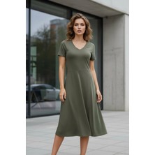 Mossta V Yaka Kısa Kollu A Kesim Midi Viskon Elbise - Haki
