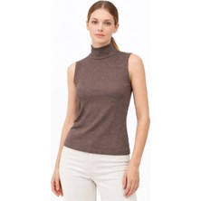 Mevese Mio Kahverengi Kadın Yarım Balıkçı Yaka Fitilli Kaşkorse Atlet - Basic Slim Fit Bluz
