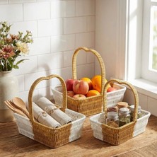 Pazarcan Mey Ithalat® Iç Içe Geçebilen 3’lü Çift Renkli Dikdörtgen Formlu Saplı Plastik Rattan Sepet S