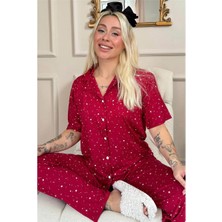 Pijama Evi Bordo Mini Yıldız Desenli Bambu Önden Düğmeli Kısa Kol Pijama Takımı
