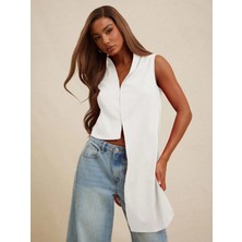 Afri Kadın Beyaz Tek Tarafı Uzun Tasarım Yelek - Asimetrik Kesim Şık Bluz