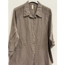 Della Moor Vizon Kadın Italyan Çiçek Işlemeli Düşük Uzun Kol Oversize Keten Gömlek Tunik 40 - 46 Beden