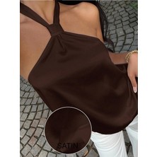 Afri Kadın Kahverengi Saten Boyundan Bağlamalı Halter Yaka Bluz