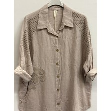 Della Moor Bej Kadın Italyan Çiçek Işlemeli Düşük Uzun Kol Oversize Keten Gömlek Tunik 40 - 46 Beden