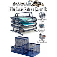 Artlantis Lacivert Metal Evrak Rafı 3 Lü ve Masaüstü Kalemlik 1 Paket Masaüstü A4 Dosya 3 Katlı Düzenleyici Kağıt Tepsisi Metal
