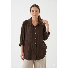 Della Moor Kahverengi Kadın Italyan Çiçek Işlemeli Düşük Uzun Kol Oversize Keten Gömlek Tunik 40 - 46 Beden