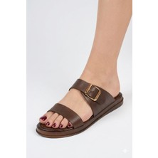 Shoemix Kadın Hakiki Deri Lazer Desenli Kahverengi Tokalı Anatomik Taban Terlik