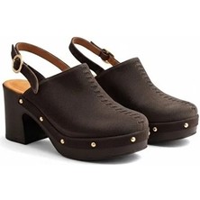 Ne&Ve Shoes Kahve Deri Biye Detaylı Hafif Tabanlı Kadın Takunya Terlik