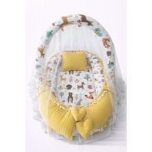 Jaju Baby Hardal Örgü Kumaş ve Orman Ponponlu Babynest Oyuncak Aparat ve Cibinlik Tül Set