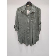 Della Moor Kadın Haki Italyan Oversize Uzun Keten Gömlek Tunik