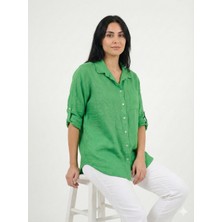 Della Moor Kadın Yeşil Italyan Oversize Uzun Keten Gömlek Tunik