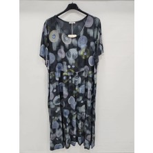 Della Moor Siyah Italyan Etnik Desen Kısa Kol Uzun Viskon Elbise