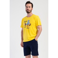 Vienetta Erkek Kısa Kol Şortlu Baskılı %100 Pamuk Sarı Pijama Takımı C6T8N0104