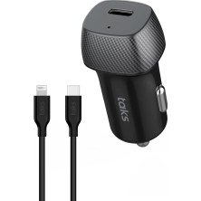 Taks CP01 30W Pd Usb-C Araç Hızlı Şarj Aleti + Usb-C-Lightning Kablo, Siyah 5CP01LS