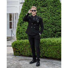 Beystil Sivri Yaka Siyah Kruvaze Takım Elbise NIKOL036- Slim Fit