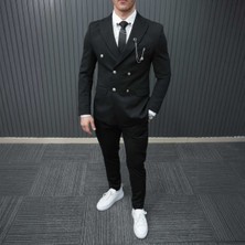 Beystil Sivri Yaka Siyah Kruvaze Takım Elbise PETEK036 - Slim Fit