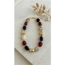 Lune Design Bordo Lacivert Karma Taşlı Bej ve Gold Detaylı Modern Kolye