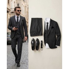 Beystil Sivri Yaka Siyah Kırçıllı Takım Elbise Storm- Slim Fit