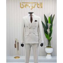 Beystil Sivri Yaka Bej Çizgili Kruvaze Takım Elbise Lecce - Slim Fit