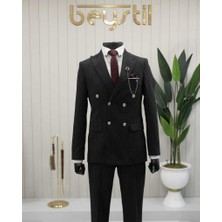 Beystil Sivri Yaka Siyah Çizgili Kruvaze Takım Elbise Lecce- Slim Fit
