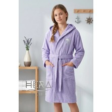 Hera Textile Çocuk Bornozu Pamuklu Kapüşonlu Lila 13-18 Yaş Unisex-Kız-Erkek Kemerli Yunus Nakışlı Genç Bornoz