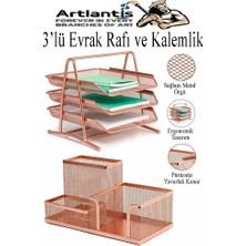 Artlantis Bakır Yaldız Metal Evrak Rafı 3 Lü ve Masaüstü Kalemlik 1 Paket Masaüstü A4 Dosya 3 Katlı Düzenleyici Kağıt Tepsi Metal