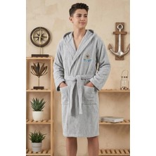 Hera Textile Çocuk Bornozu Pamuklu Kapüşonlu Gri 13-18 Yaş Unisex Kemerli Dümen Nakışlı Genç Bornoz