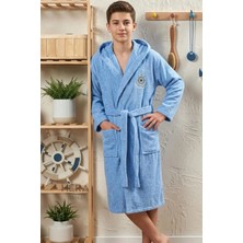 Hera Textile Çocuk Bornozu Pamuklu Kapüşonlu Mavi 13-18 Yaş Unisex-Kız-Erkek Kemerli Dümen Nakışlı Genç Bornoz