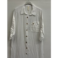 Della Moor Beyaz Italyan Omuzu Örgü Detaylı Uzun Gömlek Elbise 40 - 44 Beden