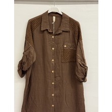 Della Moor Kakao Italyan Omuzu Örgü Detaylı Uzun Gömlek Elbise 40 - 44 Beden