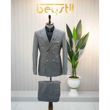 Beystil Sivri Yaka Gri Çizgili Kruvaze Takım Elbise BEZAYAK036- Slim Fit