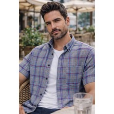 Varetta Erkek Kısa Kollu Gömlek Gri Klasik Kesim Düğmeli Yaka Kareli