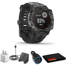 Garmin Instinct Solar Sportsman Edition Graphite Camo + USB Car/wall Adapt + Watch Şarj Stand + 6AVE Fiber Kumaş (010-02293-15)