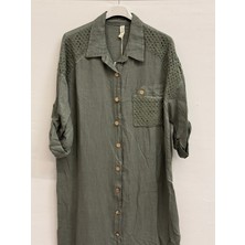 Della Moor Haki Italyan Omuzu Örgü Detaylı Uzun Gömlek Elbise 40 - 44 Beden