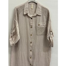 Della Moor Bej Italyan Omuzu Örgü Detaylı Uzun Gömlek Elbise 40 - 44 Beden