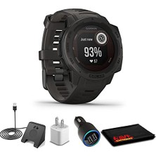 Garmin Instinct Solar Graphite + USB Car/wall Adaptör + Watch Şarj Stand + 6AVE Fiber Kumaş (010-02293-10)