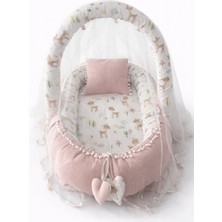 Jaju Baby Pudra Waffle Pike Kumaş Poplin Kumaş Ponponlu Babynest Oyuncak Aparat ve Tül Set