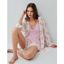 Pierre Cardin Kadın 3’lü Kutulu Pijama Takımı %50 Pamuk %50 Modal – Askılı Atlet, Cepli Şort ve Sabahlık, Tam Kalıp