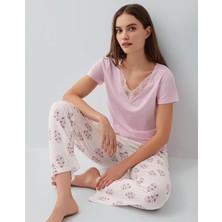 Pierre Cardin Kadın Kısa Kollu Pijama Takımı %50 Pamuk %50 Modal – Desenli Cepli Pijama Altı, Tam Kalıp