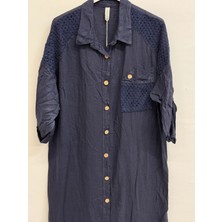 Della Moor Lacivert Italyan Omuzu Örgü Detaylı Uzun Gömlek Elbise 40 - 44 Beden