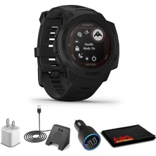 Garmin Instinct Solar Taktik Edition Black + USB Car/wall Adaptör + Watch Şarj Stand + 6AVE Fiber Kumaşı (010-022913)