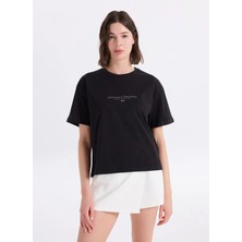 Jeep Bisiklet Yaka Baskılı Siyah Kadın T-Shirt J6SL-TST7179