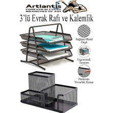 Artlantis Siyah Metal Evrak Rafı 3 Lü ve Masaüstü Kalemlik 1 Paket Masaüstü A4 Dosya 3 Katlı Düzenleyici Kağıt Tepsisi Metal