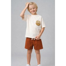 Monila Erkek Çocuk Pamuklu Ekru Baskılı T-Shirt ve Tarçın Şort Takım