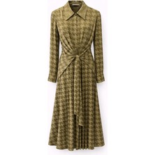 Senna Design Kadın Belden Düğümlü Desenli Uzun Kollu Elbise