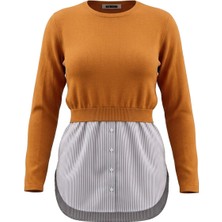 Tığ Triko Kadın Çizgili Gömlek Detaylı Triko Tunik - Mustard