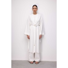 Mizalle Viskoz Kemerli Beyaz Kimono