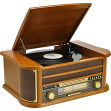 Newdaki Nostaljik Ahşap Kasa Pikap Kaset CD Çalar Bluetoothlu Kumandalı Radyo Mp3 USB 33-45-78 Lik Plaklarla Uyumlu