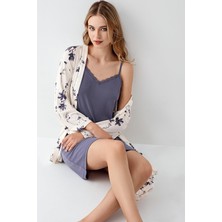 Arnetta Kadın Gecelik Sabahlık Takım, Desenli Sabahlık, Düz Gecelik, %50 Modal %50 Pamuk