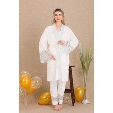 REN Kadın Dantel Güpür Detaylı 3'lü Hamile Lohusa Pijama Takım, Hamile Lohusa Sabahlık ve Pijama Set